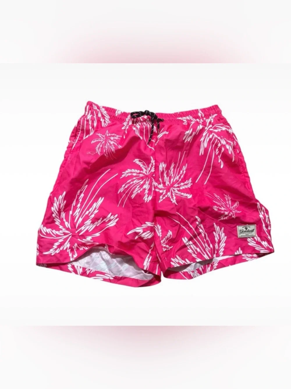 Men's Pink Palm-Print Swim Trunks with Drawstring